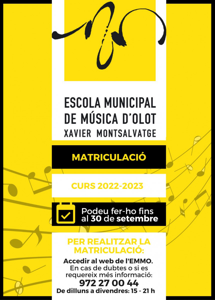 🎶🎺🎶 L'<a href="/emmoxm/">ESCOLA MUNICIPAL DE MÚSICA D'OLOT</a> acaba avui el període de matrícules!
🎼 L’escola de música d’#Olot ofereix formació a infants, joves i adults en més de 15 especialitats

🗓️ Inscripcions fins avui
🧑🏽‍💻Telemàticament
Més info a ➡️ tuit.cat/Szvql

#femOlot #AjuntamentOlot @olotciutatedu