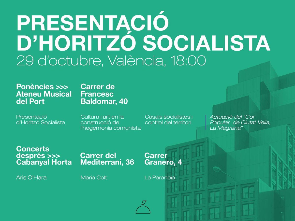 El 29 d'octubre farem la primera presentació d’<a href="/HoritzoS/">HORITZÓ</a> a #València. 

Explicarem què és Horitzó Socialista i tractarem la qüestió de la cultura, l'art i els casals en la construcció de l'hegemonia.

Després, actuacions musicals a Cabanyal Horta! #PresentemHoritzoSocialista