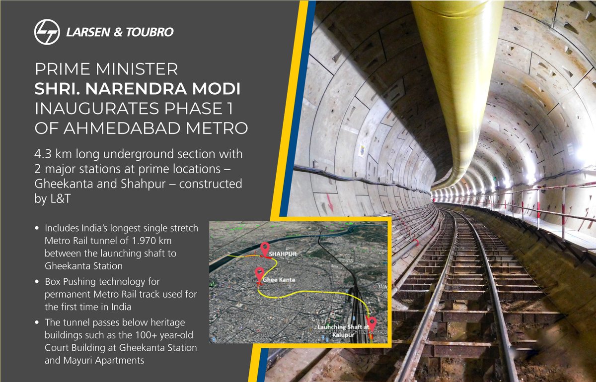 larsentoubro's tweet photo. Phase 1 of the #AhmedabadMetro was inaugurated today by Prime Minister Shri Narendra Modi. A landmark project for L&amp;T, where we have built 2 major stations and a 4.3 km long underground section. 

#TechnologyForSustainableGrowth https://t.co/6XKv0CsTJw