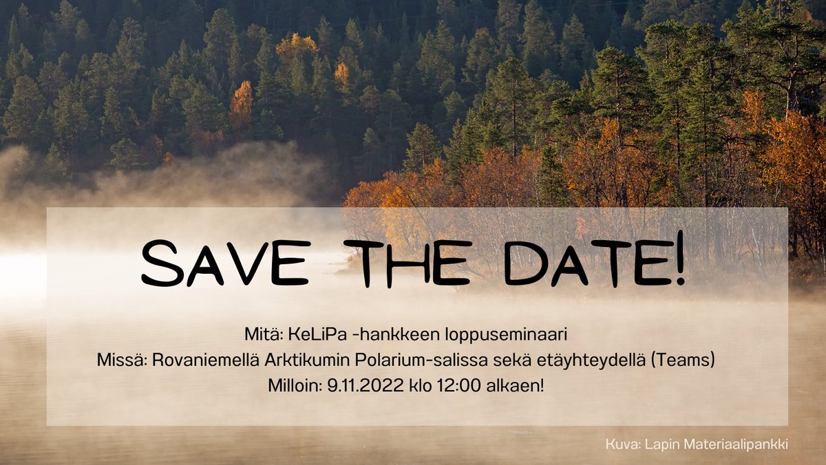 Save the date! Hankkeemme loppuseminaari järjestetään Rovaniemellä 9.11., tule paikalle kuuntelemaan ja keskustelemaan. Hanketyöryhmämme sai elokuun lopussa myös vahvistusta uuden projektisuunnittelijan myötä, lue lisää blogistamme:

arcticmaas.fi/2022/09/hankke…