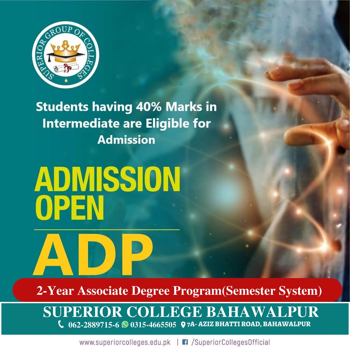 GroupBahawalpur's tweet image. Get registered in,
SUPERIOR GROUP OF COLLEGES
(BAHAWALPUR CAMPUS)
Intermediate plus classes and start your journey of success in the fastest growing educational institute of Pakistan.
#superiorgroupofcolleges
#BeSuperior
#IntermediatePlus
#opportunity
#admissionopen2022
