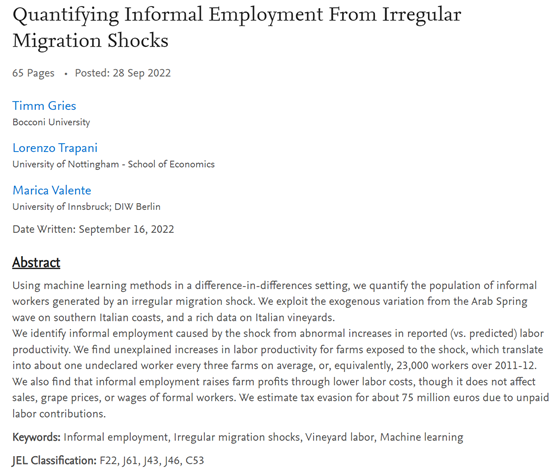maricaibox's tweet photo. Irregular migration to southern Italy increased informality of farm labor. We find unexplained increases in labor productivity on vineyards, which translate into 1 undeclared worker every 3 farms and 23k workers for 2011-12 @LorenzoTrapani1 @GriesTimm https://t.co/KGThDmoyRj https://t.co/5l5xsprZwz