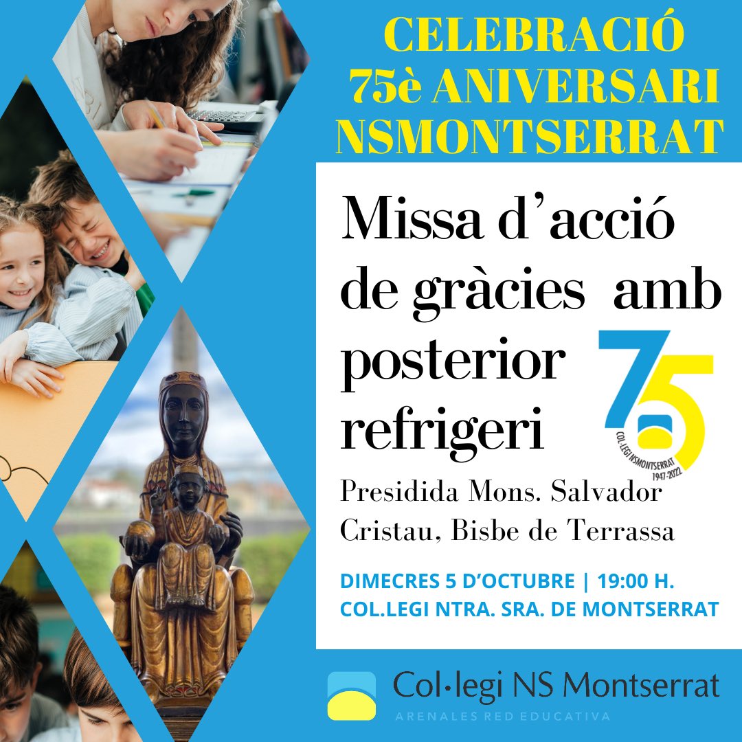 Este miércoles dia 5 de octubre celebramos el 75 aniversario de nuestro cole <a href="/Colnsmontserrat/">NS Montserrat Parets</a> 🙌🏻!! Estáis todos y todas invitados al evento, os esperamos para celebrarlo por todo lo alto🥂!!

#75años #IAMarenales #IAMnsmontserrat