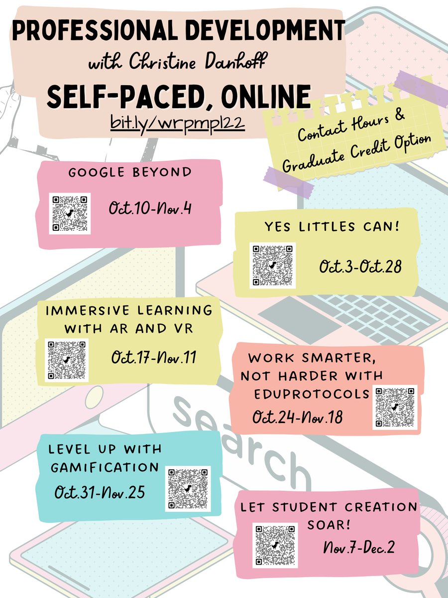 cmdanhoff's tweet photo. Looking for self-paced learning from the comfort of you home or favorite spot? Check out these courses for contact hours or grad credit! #edtech #pdforyou #Growthmindset 
@GoogleForEdu
 @WRPMEducation #newteacher #gafe4littles #arvrinedu #edtechchat #games4ed #studentcreation https://t.co/HVn9ET6Ai4