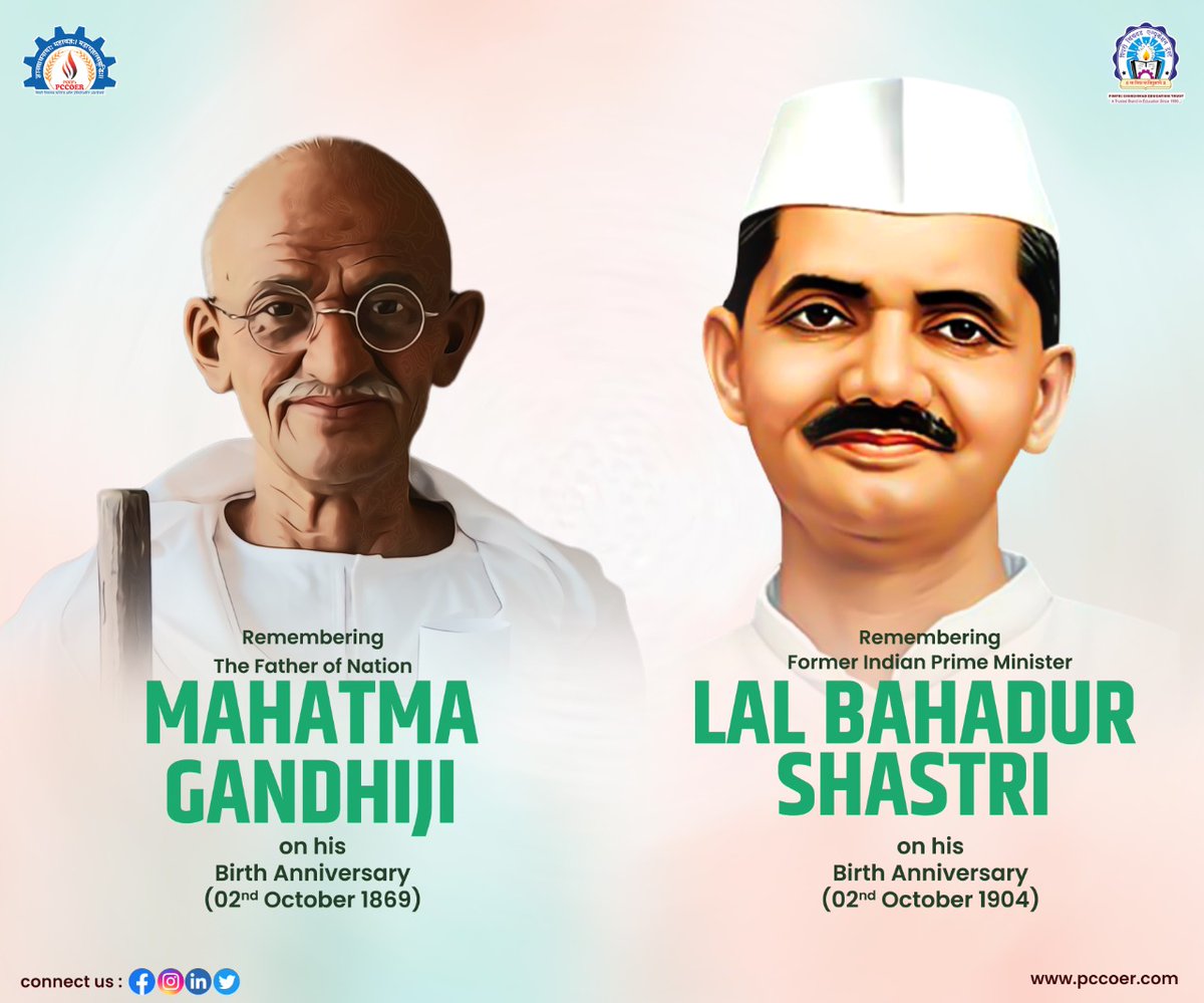 Pccoer1990's tweet photo. Remembering two great Architects and Indian Souls, Mahatma Gandhi & Lal Bahadur Shastri on their 𝘽𝙞𝙧𝙩𝙝 𝘼𝙣𝙣𝙞𝙫𝙚𝙧𝙨𝙖𝙧𝙞𝙚𝙨…
#gandhijayanti #lalbahadurshastri #jaijawanjaikisan #mahatmagandhi #gandhi #india #gandhiji #gandhiquotes #PCET #PCCOER #EducationalTrust https://t.co/A7QPy31YcK