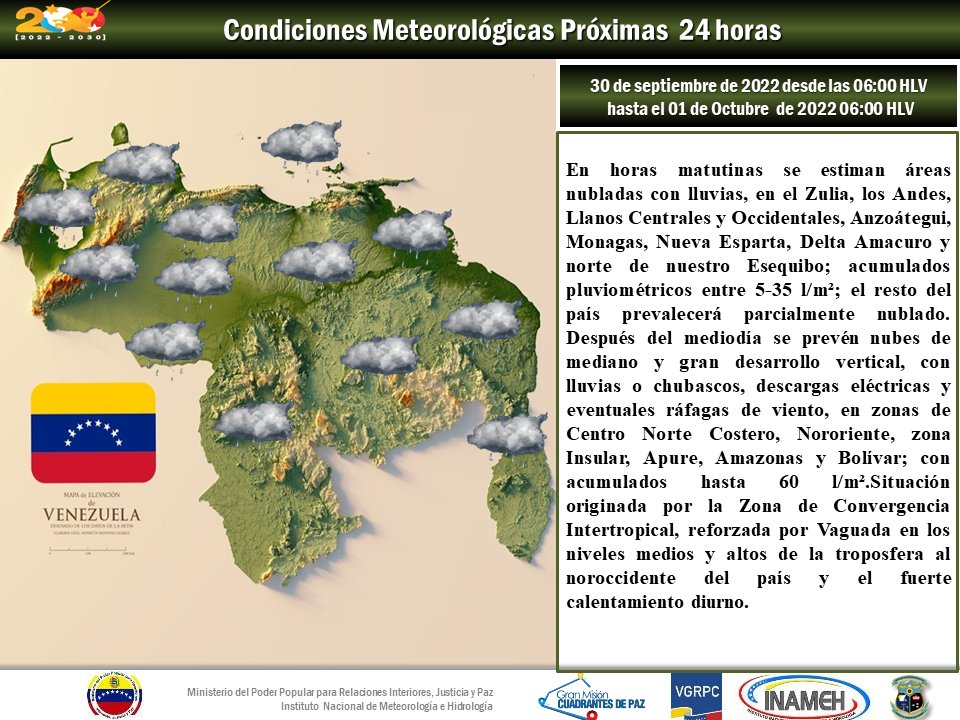 INAMEH's tweet photo. #30Sep #INAMEHInforma Condiciones Meteorológicas próximas 24 Horas #ElOrinocoYEIMagdalena https://t.co/YAN5aLBz02