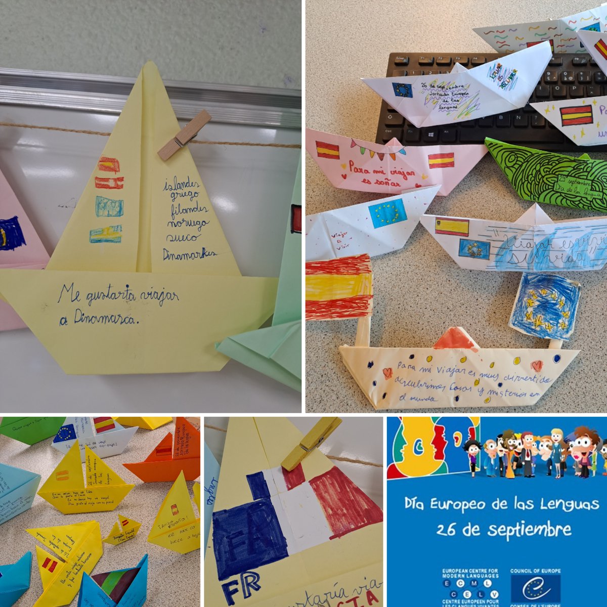 SEstrasburgo's tweet photo. Conjuntamente con la #ÉcoleEuropéennedeStrasbourg se han realizado guirnaldas sobre el tema "viajes" en varios idiomas, entre ellos el español #origami #barcosdepapel #École #Collège #ELE #europeandayoflanguages
#SectionsInternationalesEspagnoles #AEEE
@coe @ECMLCELV https://t.co/26Z5sgs1C5