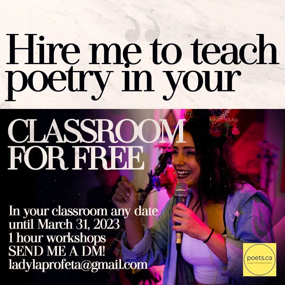 It's school season again! Book me to teach poetry in your classroom and the Canadian league of poets will cover my honorarium.

Workshops on poetry writing and spoken word performance. Bonus- slam session!!!💯