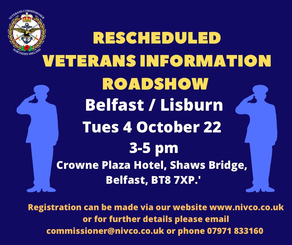 Next week we hold our final Veterans Information Roadshow of 2022. If you would like to come along to see what services are available to veterans here in NI, come along for chat and and a cuppa ☕️. To register please go to nivco.co.uk & register on our home page