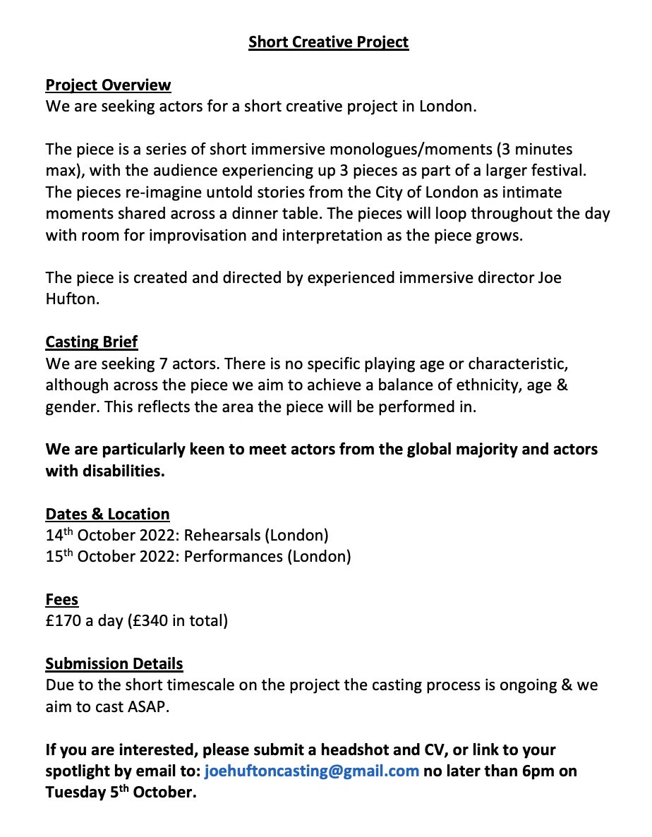 Joehufton's tweet image. I’m casting 7 actors for a creative project in London on 14th &amp;amp; 15th Oct. 

All ages &amp;amp; castings. Must have immersive experience.

Details &amp;amp; fees below.

Please retweet!

#casting #theatre #immersive