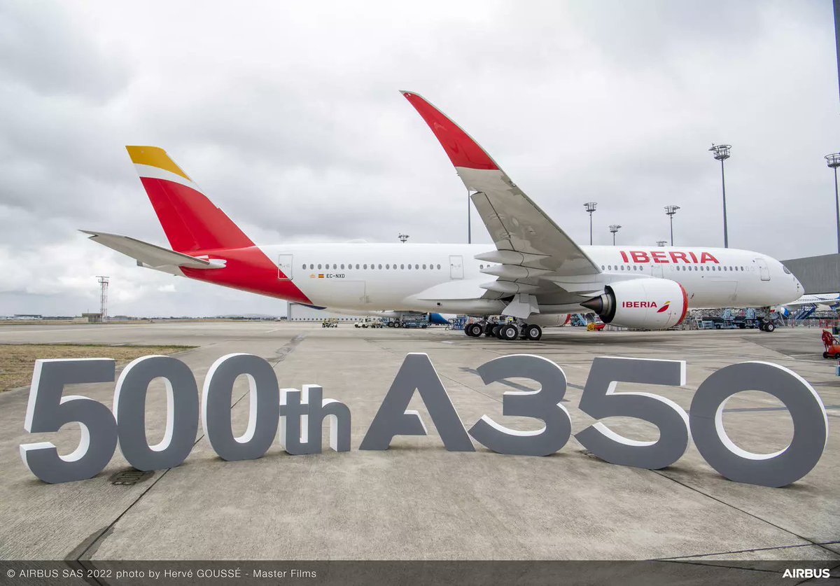 Airbus's tweet photo. Excited to announce the 500th delivery of the #A350! This occasion also marks the unveiling of the A350's latest developments bringing even more efficiency and cabin flexibility to this versatile wide-body family. https://t.co/0UpMEQDozq https://t.co/f010rNSHYr