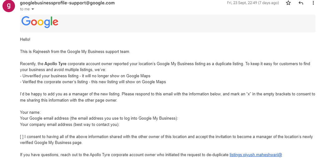 umar_maniar's tweet photo. @GoogleMyBiz I received this email and all my 587 reviews and analytics now belongs to a different owner. They created another profile with similar name as mine &amp; marked my 10+year old profile as duplicate. I contacted support but didn't get answer. [0-5540000033102].Please help https://t.co/oYanVLG7Z0