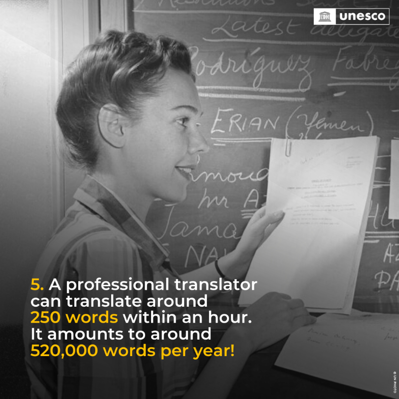 UNESCO's tweet photo. How many words can be translated in an hour? 🤔

On International #TranslationDay, discover 5 interesting facts about translation and translators!

Want to learn more? Explore the @unescocourier dedicated entirely to translation: https://t.co/MH6uDo2CvB