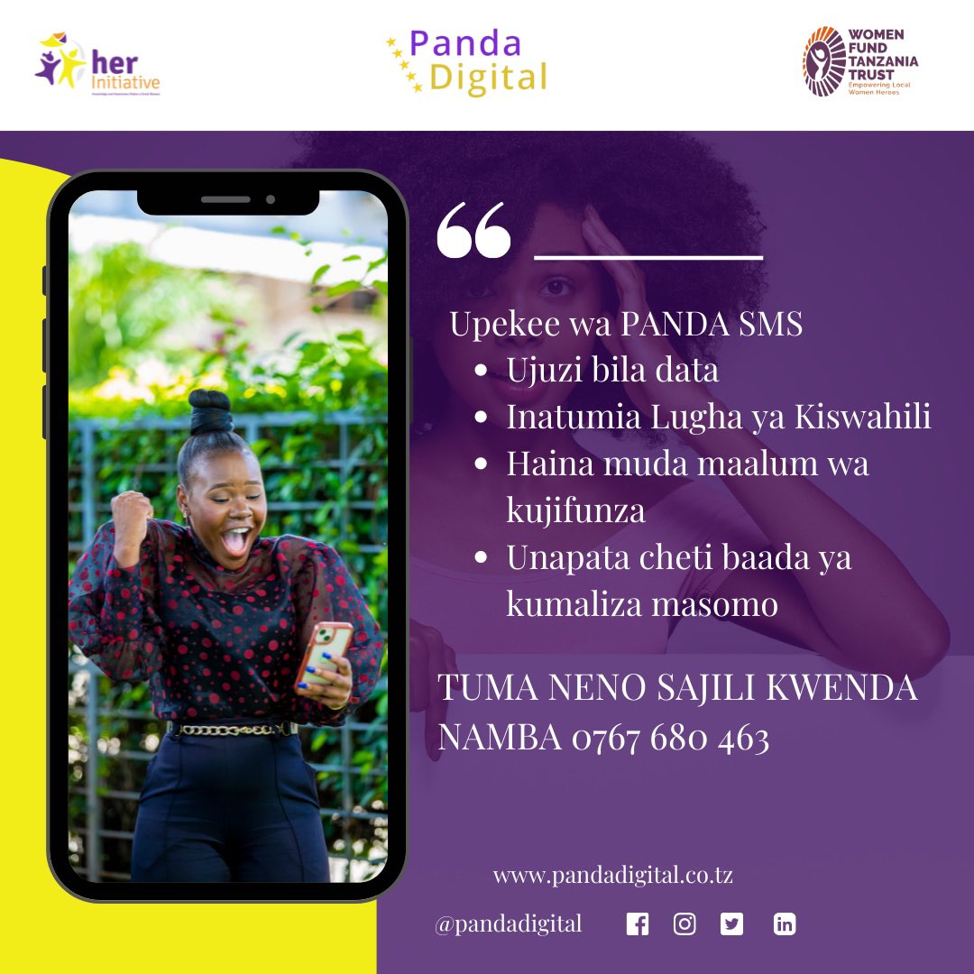 Pandadigitaltz's tweet photo. Panda digital SMS ni Jukwa linalo kusaidia mjasiriamali kukuza biashara yako huna haja ya kua na Data,
Ukiwa na simu ya mkononi unapata ujuzi unao kusaidia kukuza biashara yako,tuma neno SAJILI Kwenda namba 0767680463, Uanze kunufaika.
#jiongezekidigitali
#ujuzibiladata https://t.co/JaiUCW7JWP