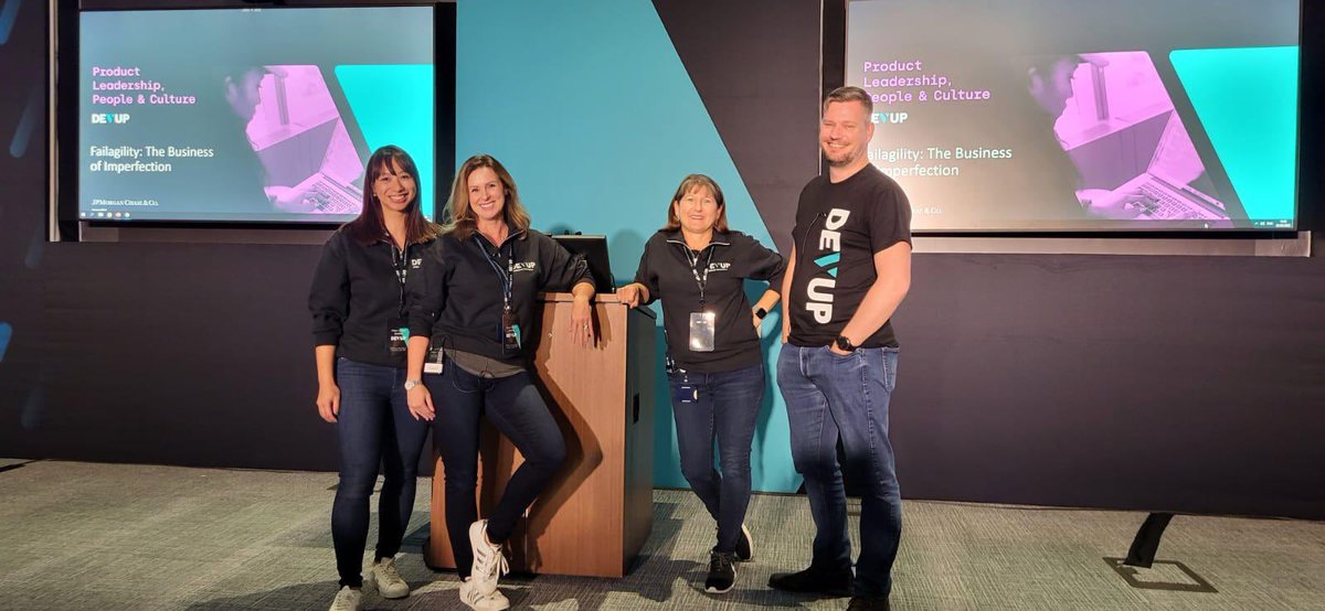 GillianLamela's tweet photo. Grateful to be @jpmorgan’s 1st software #engineering conference #DEVUP in Plano, TX presenting #Failagility session with Rob Keith, Stacia H. Viscardi and Melissa Ward. Honoured to meet our very talented engineers across the globe and GT leadership!😄

➡️ https://t.co/izpP5h6cZu https://t.co/htwVfArWgp