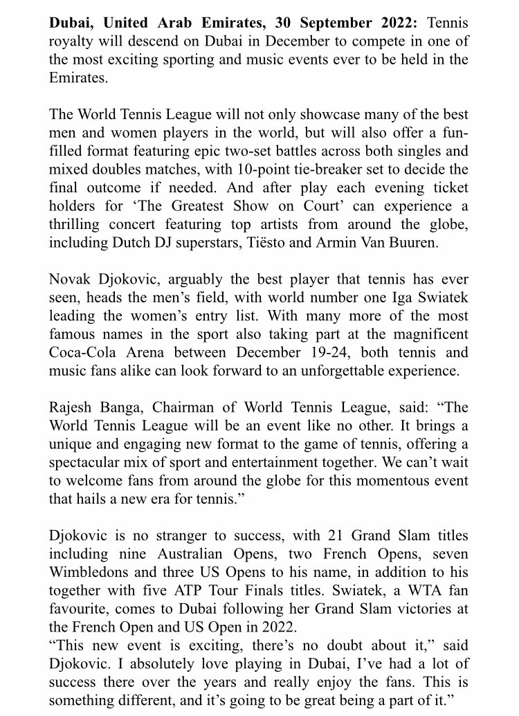 Dubai, Djokovic and Swiatek confirmed for new World Tennis League