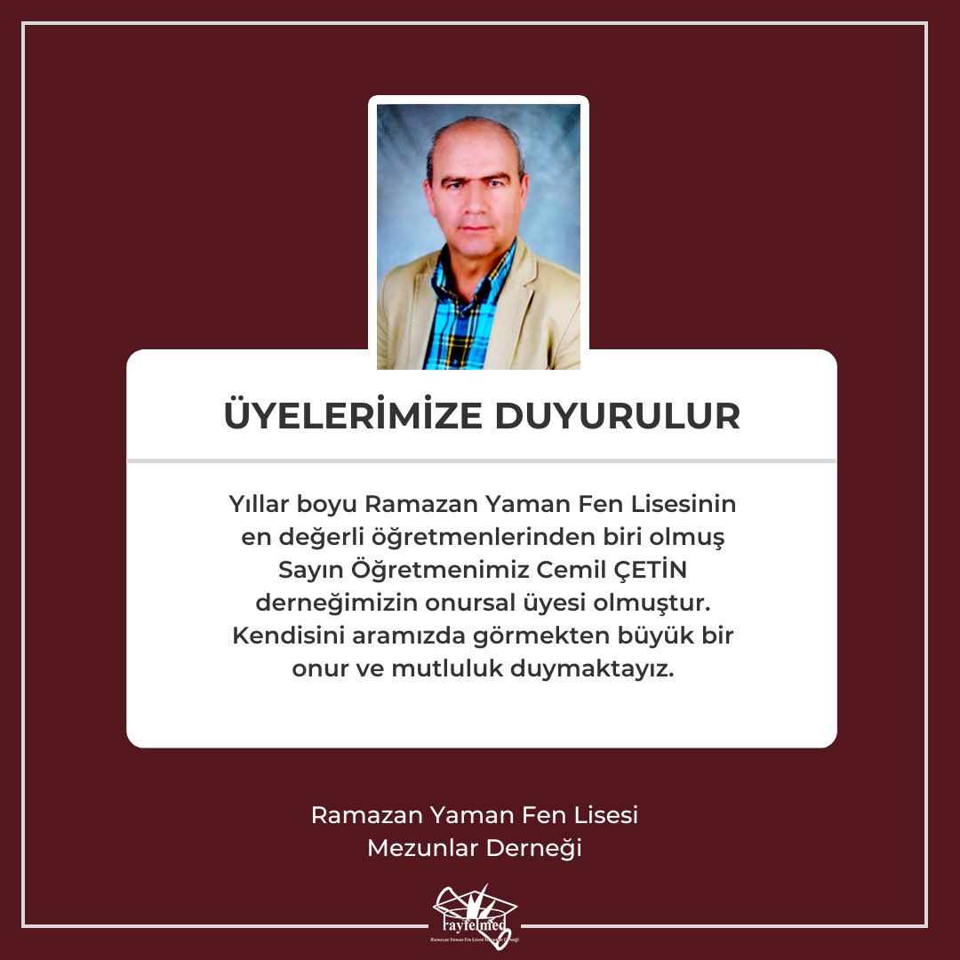Değerli Öğretmenimiz Cemil ÇETİN'in derneğimize katılmış olmasını tüm üyelerimize duyurmaktan büyük bir onur ve mutluluk duymaktayız.
