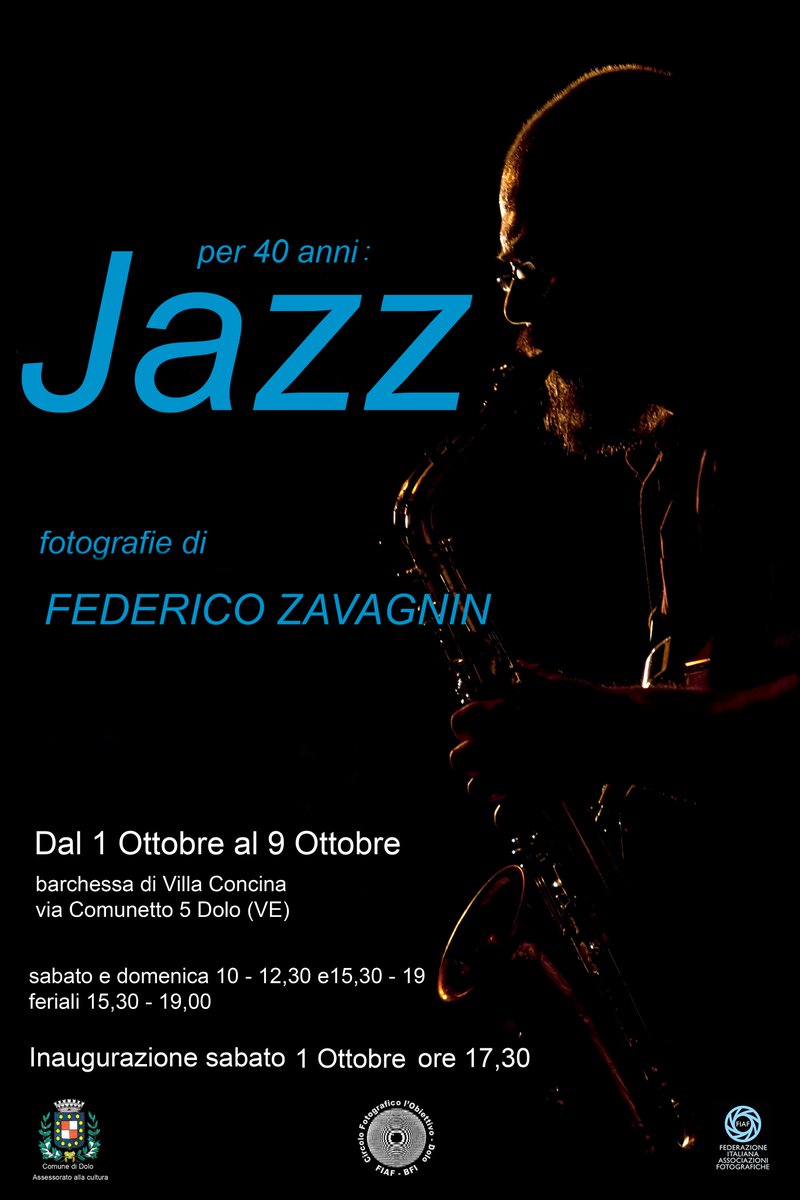 Da sabato 1 a domenica 9 ottobre a #Dolo 📷🎼📸🎼

#mostra per 40 anni: Jazz. Fotografie di Federico Zavagnin presso la sala polivalente della Barchessa di villa Concina in via Comunetto n. 5.

Inaugurazione sabato 1 ottobre alle ore 17.30.

Ingresso gratuito.