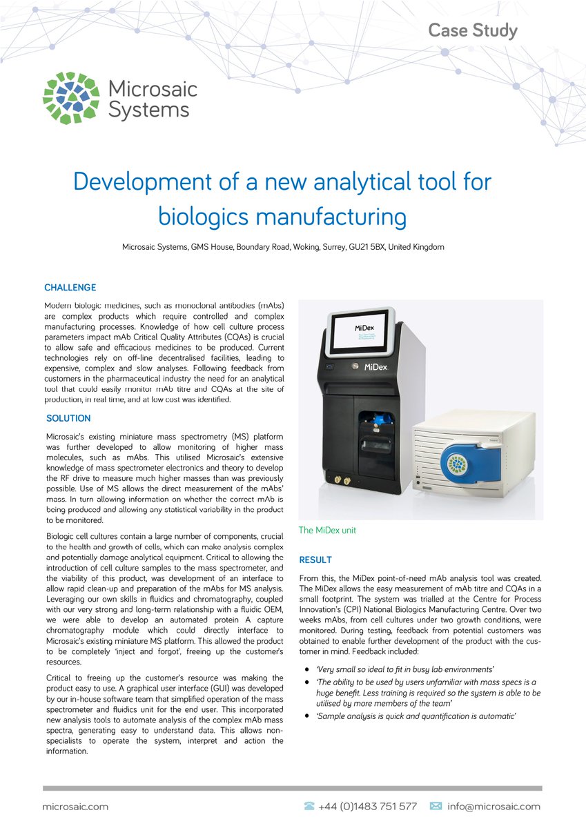 Microsaic's tweet photo. Microsaic prides itself on innovation, the #Midex is a perfect example! This is a #pointofneed solution to easily measure #mAbs titre &amp; #CQAs in a small footprint &amp; was trailed at the @ukCPI. Choose Microsaic to provide innovative turnkey solutions all in small footprint! #MSYS https://t.co/yWxg6SGsoO