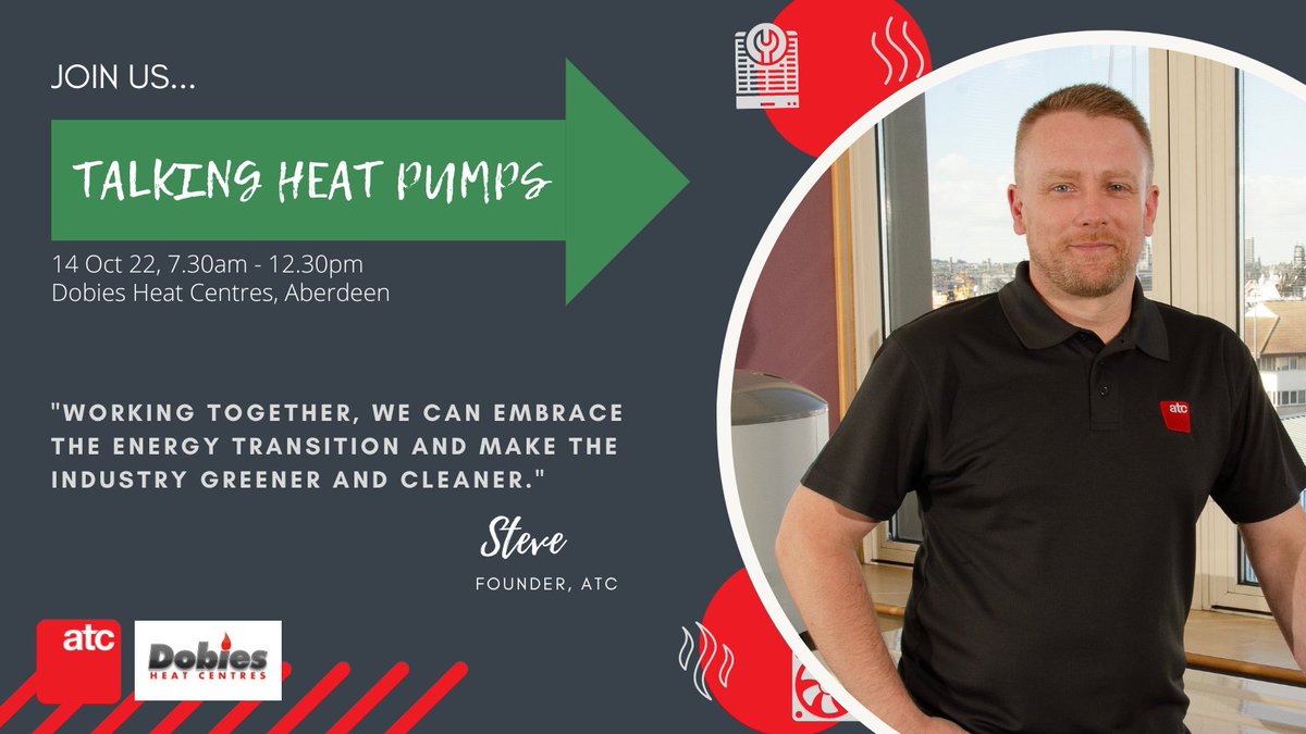 Join us at Dobies Heat Centres #Aberdeen to talk Heat Pumps...
* Trade Event * 
14th Oct 22, 7.30-12.30pm
Meet Steve from ATC, who will answer all your questions on heat pumps and the energy transition.  
atc.energy/atc-talking-he… #heatingengineer #plumber #heatpumps #renewables