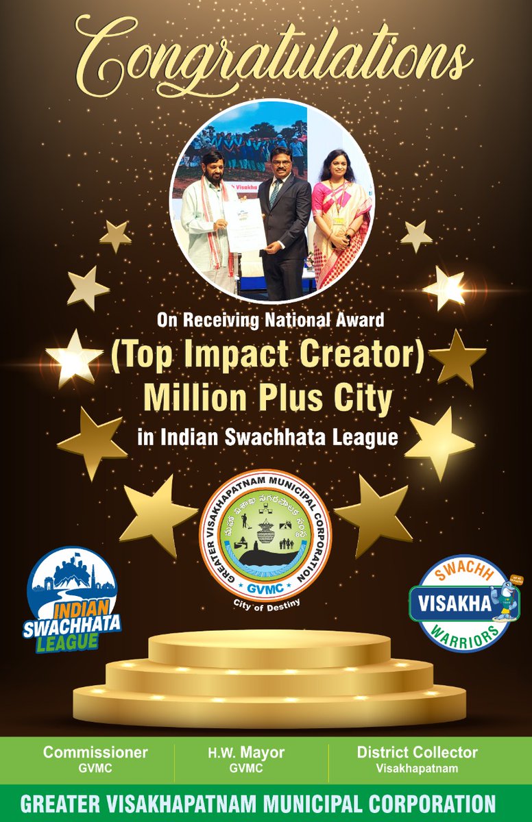 GVMC_VISAKHA's tweet photo. Commissioner GVMC Sri P Raja Babu received "Top Impact Creator" award in Indian Swachhata League from Hon'ble Minister for State Housing and Urban Affairs Sri Kaushal Kishore.

#SwachhAmritMahotsav
#YouthVsGarbage 
#SwachhSurvekshan2023Visakhapatnam 
#VizagSaysNotoPlastic https://t.co/nSmMoKN3K9