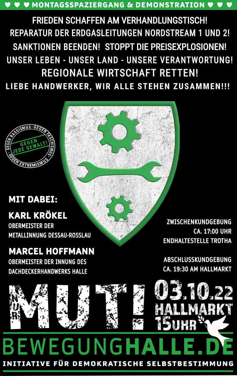 Bewegung_Halle's tweet photo. Am 03.10.22 in Halle (Saale): Lasst uns zusammen stehen gegen die #Sanktionspolitik, die unsere #Existenz zerstört. Unserer Wirtschaft ist in Gefahr! Schließt euch an, zeigt Mut und erscheint zahlreich! #HalleSaale #Hallmarkt https://t.co/3TP6P6jbgg