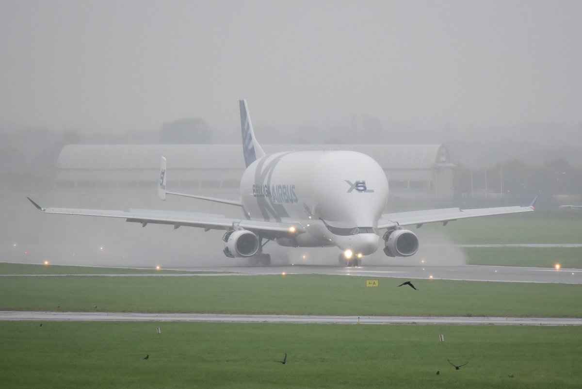 Beluga's ST4 and XL5 at Broughton on a very wet morning!🐳#FuzzyFriday @AirbusintheUK