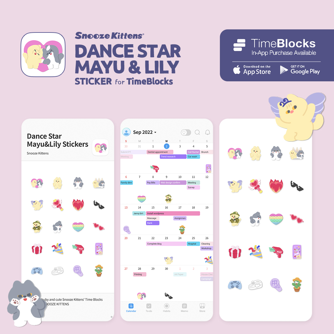SnoozeKittens's tweet image. 스누즈키튼즈 X 타임블록스 큐티뽀짝 댄스스타 마유&amp;amp;릴리의 타임블록스 테마와 스티커가 출시되었어!👯‍♀️💖

TimeBlocks는 모바일에서도 쉽게 스케줄링 할 수 있는 다이어리앱이에요. 타임블록스에서 ‘스누즈키튼즈 를 찾아주세요.(인앱구매)🛒

@GetTimeBlocks

#SnoozeKittens #TimeBlocks
#타임블록스