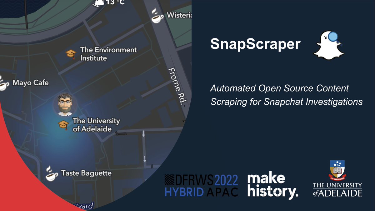 rhematt's tweet image. Was great to present two talks today at #DFRWSAPAC2022. The first on the updated work of #SnapScraper which continues to gather momentum. The other a first look at a new framework to assist in assessing forensic technologies.