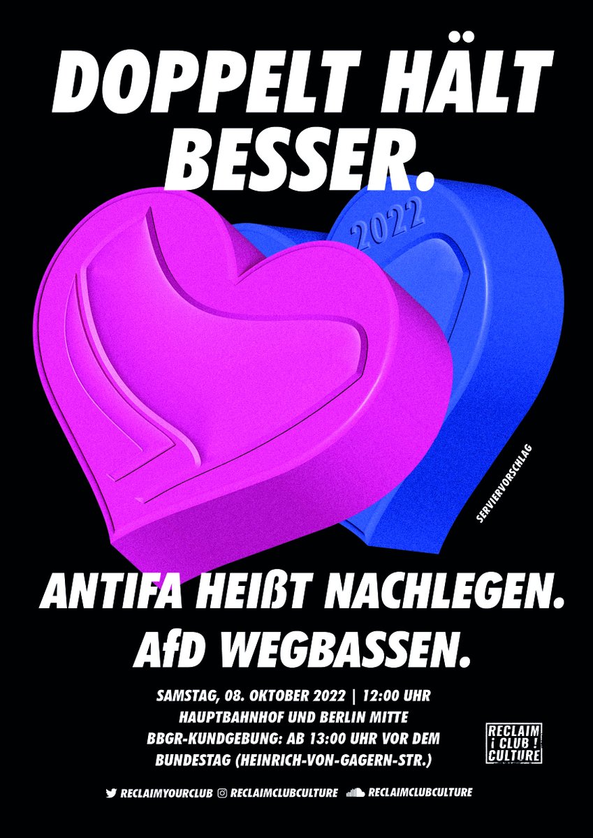 ReclaimYourClub's tweet photo. Spread the word. 
Zusammen gegen Nazis auf die Straßen. 
@DenkenGerade @BBgegenRechts @inter_linke @IL_Berlin @_Seebruecke_  @SeebrueckeB @BEMigrantifa @BerlingegenNazi @antifanordost @stadtrandaktion @R1MB_Buendnis @KeineBeute @KopiBleibt @f54_flinta_s @berlin_vvn_bda https://t.co/HCC5arEQ2M