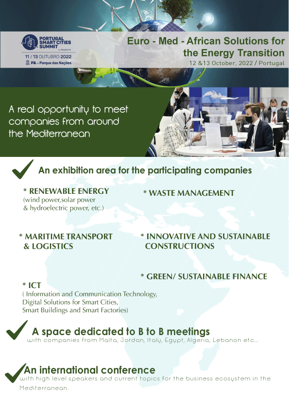 BUSINESSMED_Med's tweet photo. 📣 Portugal Smart Cities Summit: For #Mediterranean companies

💠Transport/Logistics in Blue Economy
💠ICT
💠Renewable energy
💠Sustainable finance
💠Waste management
💠Innovative construction

▶️Join #BUSINESSMED's Roadshow in 🇵🇹#Lisbon!

🗓12-13 Oct.
📩https://t.co/F2Y7efqgcM https://t.co/D80D2mbczE