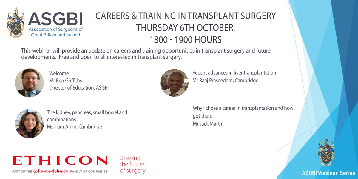 Interested in a career in transplant surgery?  Our next webinar focuses on careers and training.  6pm on Thursday 6th October.  All welcome!  Register here: asgbi.org.uk/event/asgbi-ev…