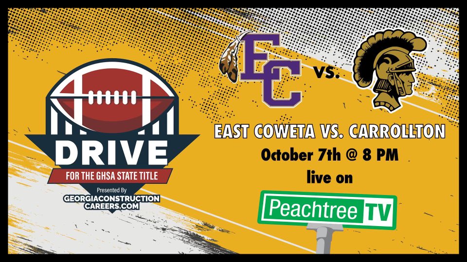 BREAKING: Heading next week to Carrollton. <a href="/peachtreetv/">Peachtree TV - WPCH</a> <a href="/scoreatlanta/">SCORE Atlanta</a> 
<a href="/Carrollton_High/">Trojan Football</a> vs <a href="/ECHSrecruits/">East Coweta Recruits</a> .
#PRIMETIME 8PM