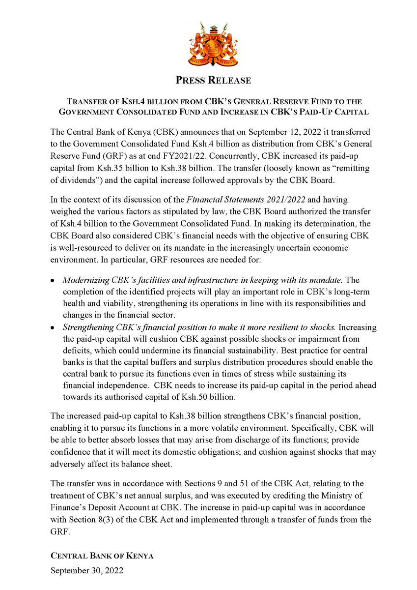Press release: Transfer of Ksh.4 billion from CBK GRF to the Consolidated Fund