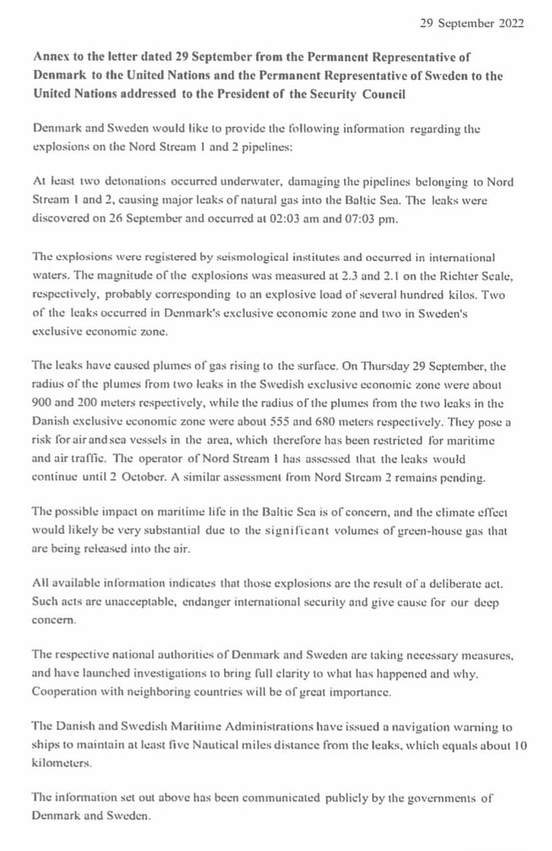 AnnLinde's tweet photo. Yesterday, 🇸🇪 and 🇩🇰 shared a joint letter with the @UN Security Council members sharing the known facts of the Nord Stream explosions ahead of today’s meeting. Important that the discussion remains fact-based. @JeppeKofod https://t.co/eiJXRnlEin