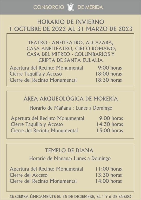 📌 Horario de invierno monumentos de #Mérida desde el 1 de octubre de 2022  al 31 de marzo de 2023.

<a href="/MeridaCiudad/">Mérida Consorcio de la Ciudad Monumental</a>