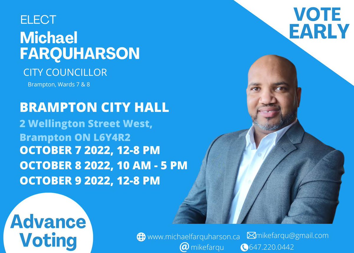 mikefarqu's tweet photo. One week to go before #advancevoting starts on Friday, October 7th. Make sure you go out to vote, #voteMichael and #VoteEarly

https://t.co/a56qakyxvt
#bramptonwards7and8 #brampton https://t.co/r9p61MSNDN