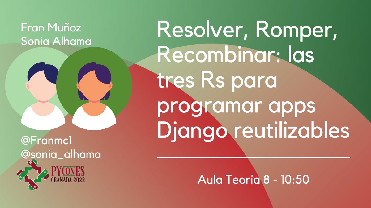 PyConES's tweet photo. 3 erres!!! "Resolver, Romper, Recombinar: las tres Rs para programar apps Django reutilizables", te lo cuentan @Franmc1 y @sonia_alhama de @apsl_web  en la sala Margaret Hamilton (Teoría 8).
#PyConES22 https://t.co/KvrckQDikA