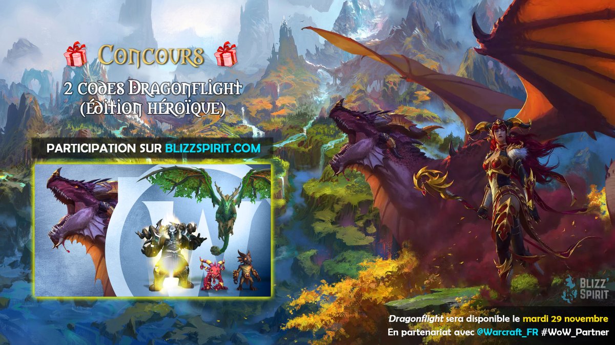 BlizzSpirit's tweet photo. 🎁 À l'occasion de l'annonce de date de sortie de #Dragonflight, disponible le 29 novembre 2022, on organise un concours en partenariat avec @Warcraft_FR pour mettre en jeu : 2 codes de l'édition héroïque de Dragonflight 🤩 #WoW_Partner 
PARTICIPATION 🔽
https://t.co/iCkYlMsYQ8 https://t.co/Hm7yI4Brzn