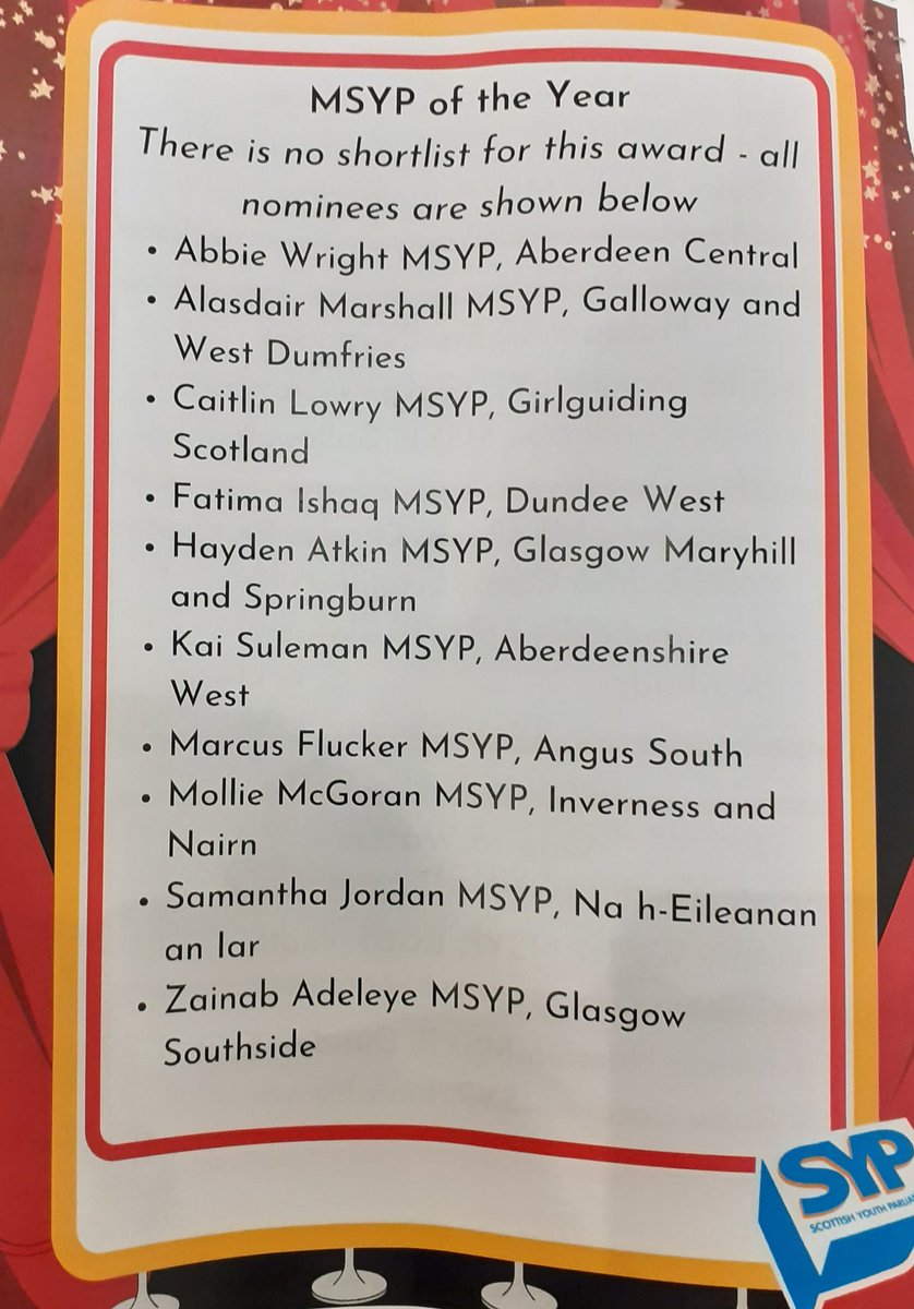 Excited for the #SYPAwards22. Fantastic to see <a href="/WWYPDougie/">WWYP Dougie Findlay</a> being nominated for SYP Youth Work Champion and <a href="/Kai_SulemanMSYP/">Kai.Suleman - Former MSYP</a> nomination for MSYP of the year!! Good luck !! 
<a href="/ABMSYPs/">Aberdeenshire MSYPs</a> @WWYPabshire <a href="/OfficialSYP/">Scottish Youth Parliament</a> #becauseofCLD #youthvoicematters