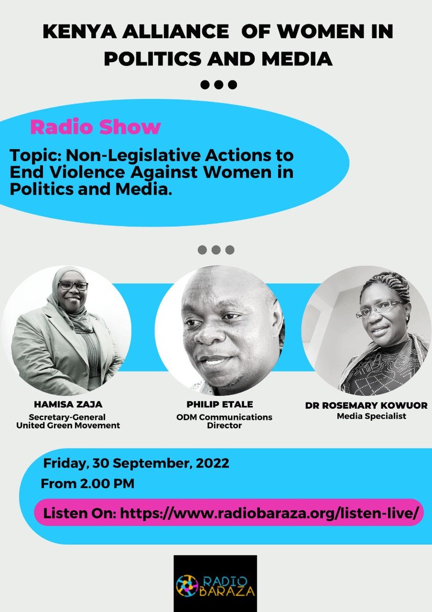 Follow the discussions here radiobaraza.org/listen-live/ reflecting how violence affects women in media and politics.

<a href="/RellyScovian/">Scovian Lillian</a> 
<a href="/dommieyambo/">Dommie Yambo Odotte #TheObservertoire</a> 
<a href="/NDI/">National Democratic Institute</a> 
<a href="/IWMF/">International Women's Media Foundation</a>