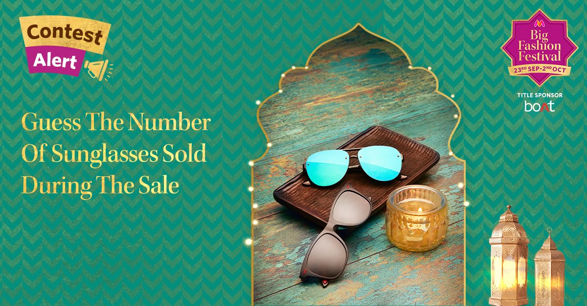 HINT: The festive szn = vacay mode on. 🕶️ Guess how many sunnies have been sold till now at Myntra BFF &amp; take home a Myntra Gift Voucher of Rs.10K!
#Last3DaysOfMyntraBFF #MyntraFestiveDeals
+ follow <a href="/myntra/">Myntra</a> @myntrabeauty to qualify
#ContestAlertIndia #Contest #ContestAlert
