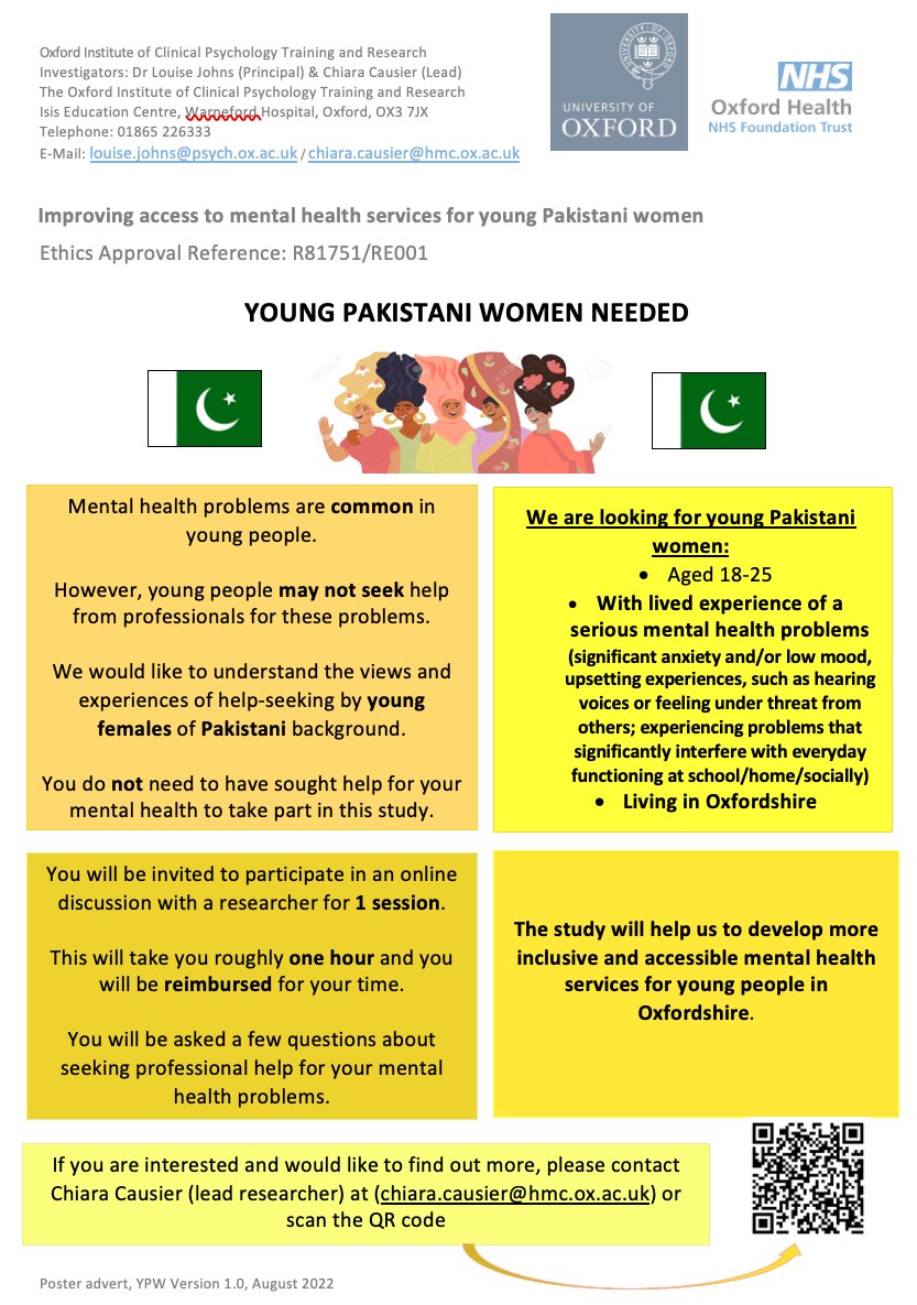 ❗️Research alert❗️We are looking for young women, aged 18-25, who identify as Pakistani 🇵🇰, live in Oxfordshire and have experienced a severe mental health problem. Please email chiara.causier@hmc.ox.ac.uk for more info or visit psychiatryoxford.qualtrics.com/jfe/form/SV_5b…. Please RT.