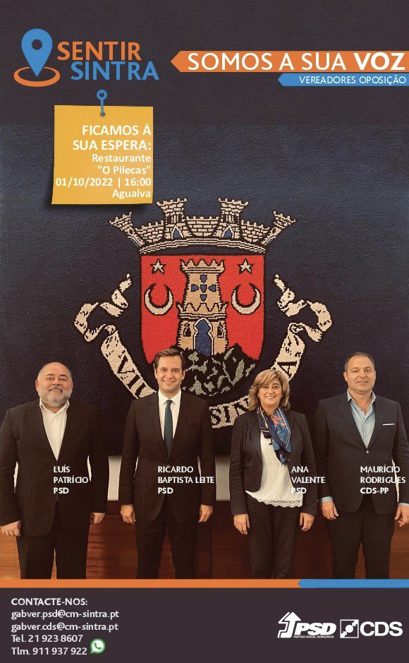 RBaptistaLeite's tweet photo. Sintra continua parada. Um ano depois das últimas eleições são 9 anos de PS. Como vereadores da oposição continuamos na defesa de todos. Amanhã começa a campanha ‘Sentir Sintra’ que andará por todo o concelho. Venha expor as suas preocupações e ideias.Somos a sua voz. Até amanhã! https://t.co/j3gEoOUFtG