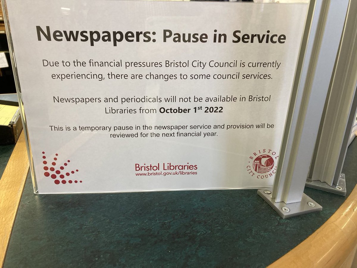 Question to #Bristol’s councillors   -    

Were you aware #BristolLibrary
(1)  had axed newspapers and periodicals 
(2) frozen new book purchases (to be confirmed)

#Bristol #Libraries

Image via @StephenRW01