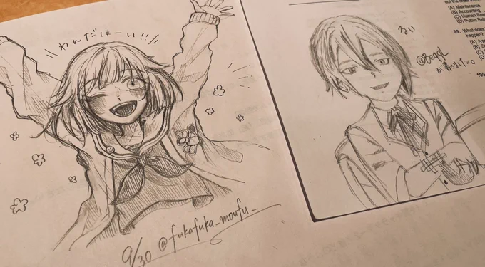 友人(@BeqqL )とファミレスでお絵描きしてました
今イベ類描いてくれた🙌🏻🙌🏻✨
久しぶりだけどアナログ楽しいぞ…!! 