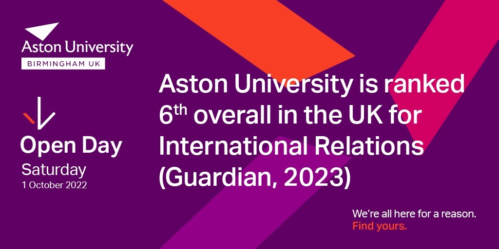 👏 | We're #𝟲 𝗶𝗻 𝘁𝗵𝗲 𝗨𝗞 (International Relations; Guardian, 2023)! Find your reason to study at @AstonUniversity - it's not too late to book onto our Open Day tomorrow (Sat 1st Oct) ➡️ orlo.uk/a3nVS @AstonOutreach @Aston_PIR #HereForAReason