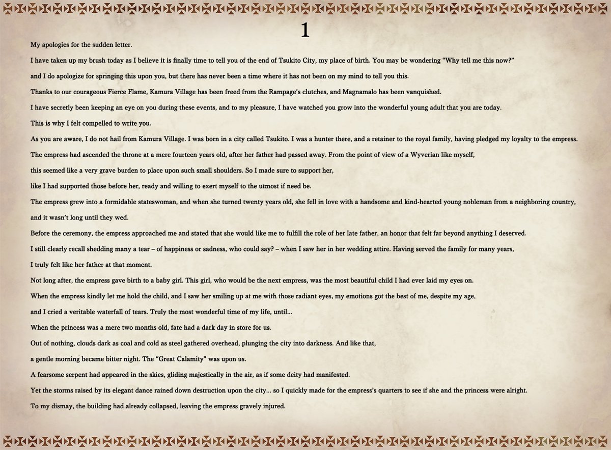 monsterhunter's tweet photo. 📖 #Sunbreak Stories - Vol.4 Dear Princess 📖

Tragic fate brought Kagero to Kamura. On the outside, a merchant of a simple village, but deep down he's dedicated to his duty to the last of a forgotten line. 

Ah...terrible day for rain. https://t.co/7WzlD3i8cn
