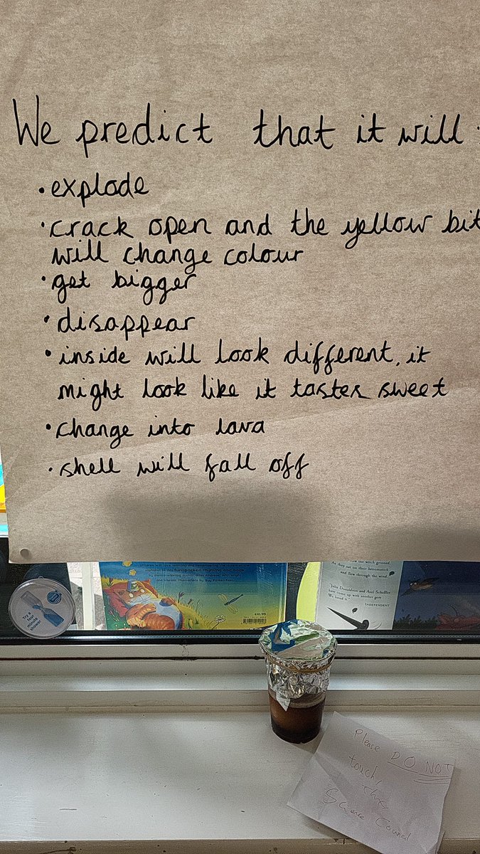 WrtaInfo's tweet photo. EYFS @wrprimary predicting what might happen to an egg left in vinegar. Observing over time enquiry. I am hoping for number 6 😊 #science #STEM #STEMeducation #pstt @priscigeeks @GreatSciShare @STEMLearningUK @theASE https://t.co/WtpOAreIkI