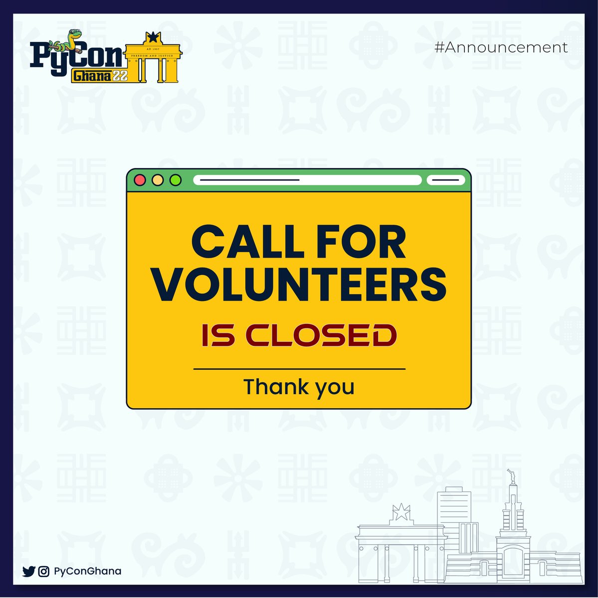 PyconGhana's tweet image. Our call for volunteers is officially closed!
Thanks to all those who applied.😊 

#PyConGhana2022 #Python